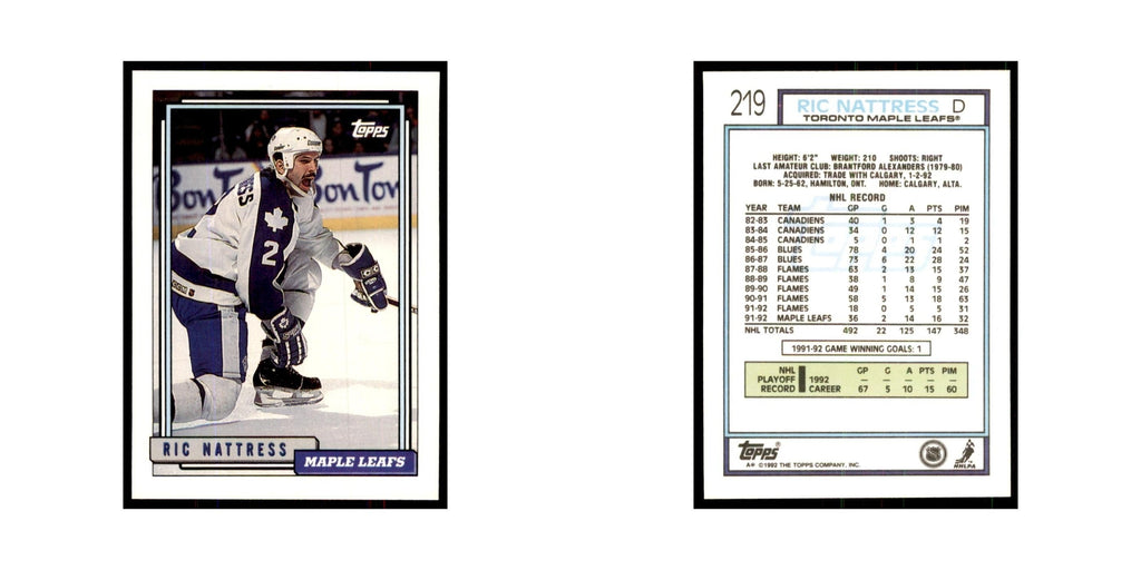 Ric Nattress 1992 Topps #219 Hockey Cards Hockey Card NM