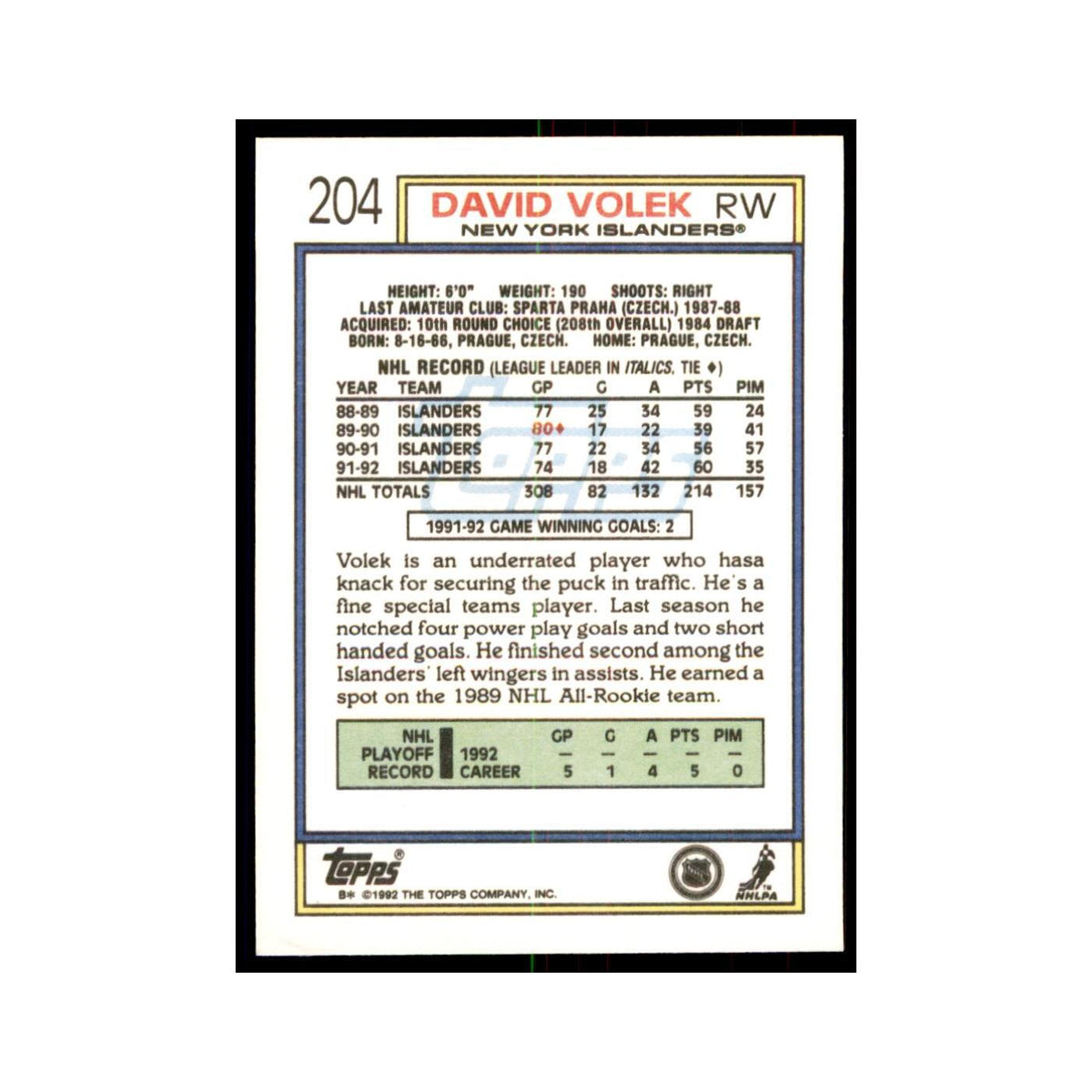 David Volek 1992 Topps #204 Hockey Cards Hockey Card NM