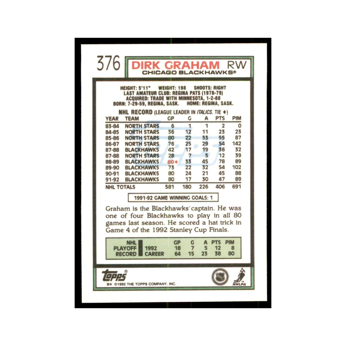 Dirk Graham 1992 Topps #376 Hockey Cards Hockey Card NM