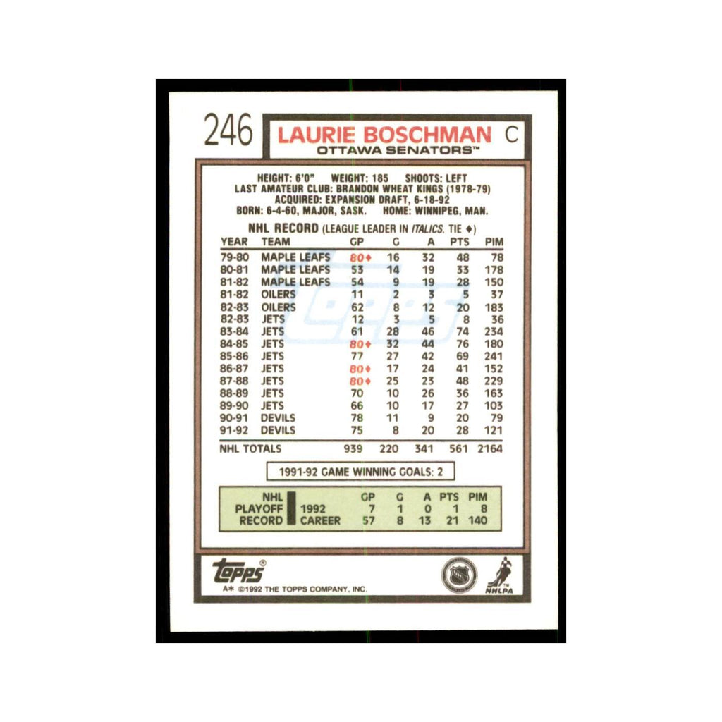 Laurie Boschman 1992 Topps #246 Hockey Cards Hockey Card NM