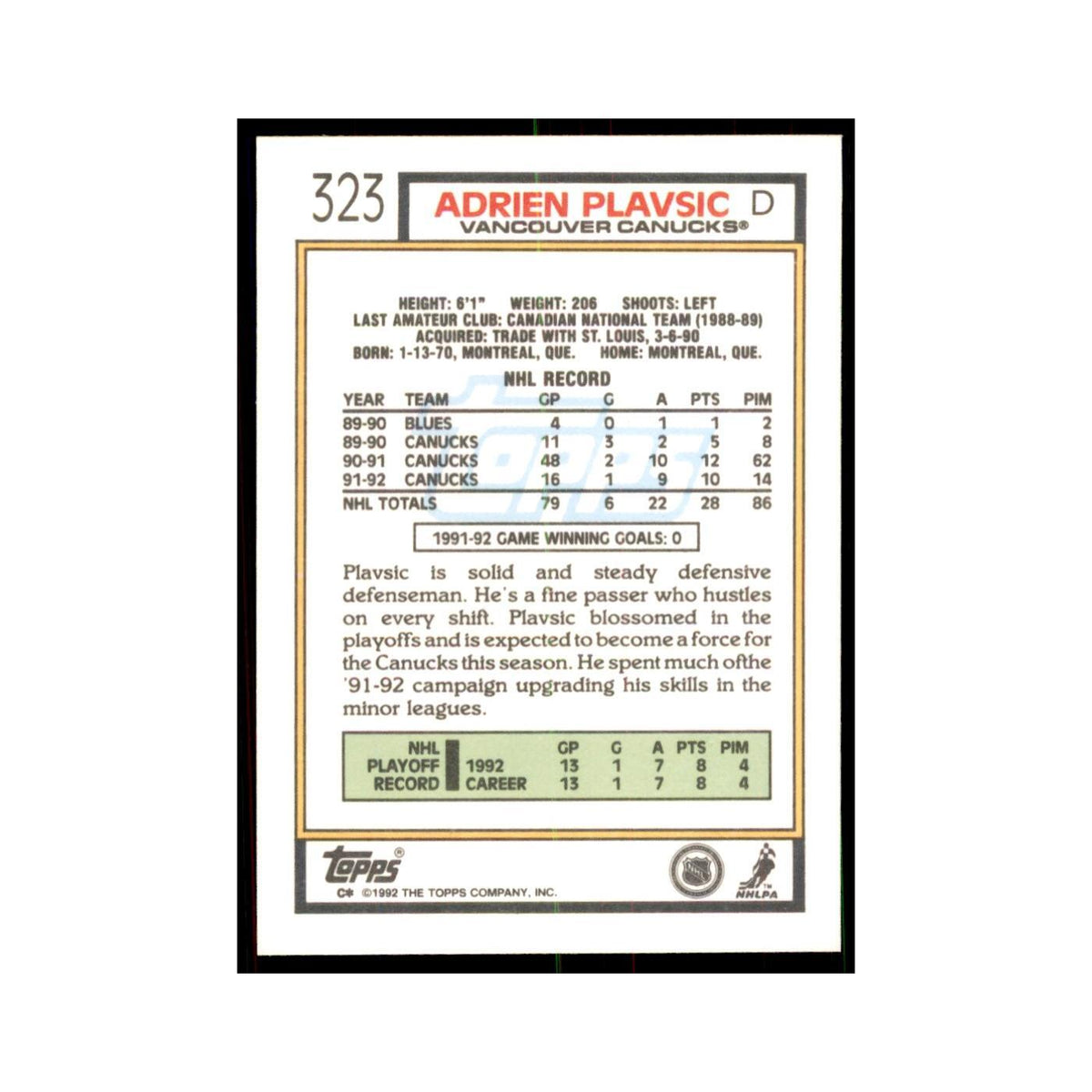 Adrien Plavsic 1992 Topps #323 Hockey Cards Hockey Card NM