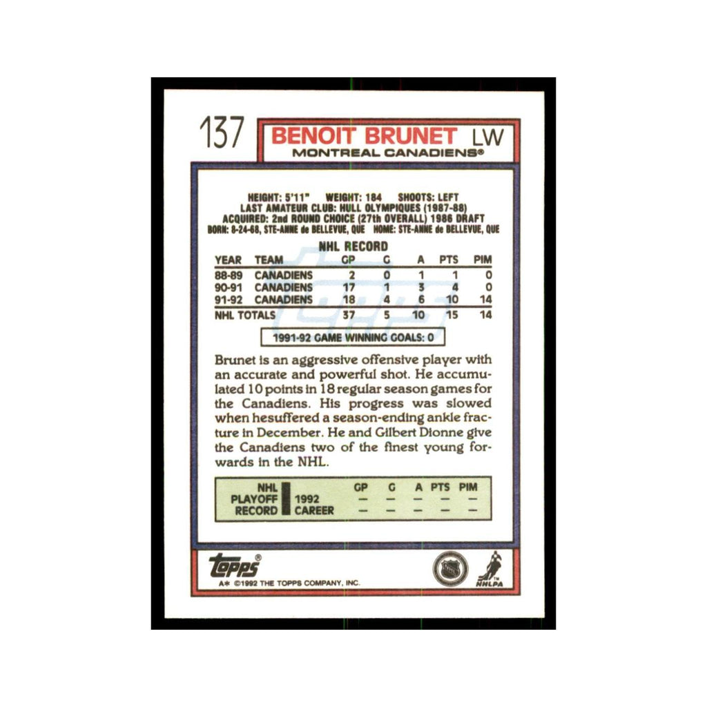 Benoit Brunet 1992 Topps #137 Hockey Cards Hockey Card NM