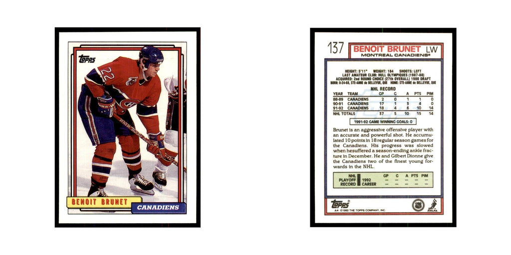 Benoit Brunet 1992 Topps #137 Hockey Cards Hockey Card NM