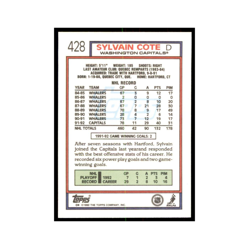 Sylvain Cote 1992 Topps #428 Hockey Cards Hockey Card NM