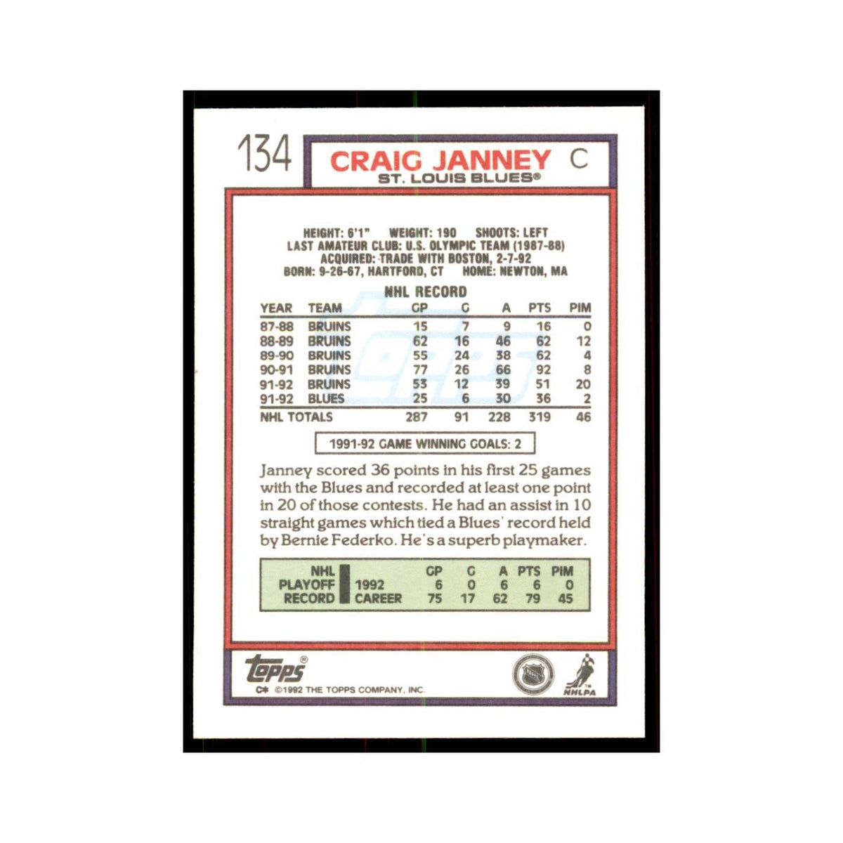 Craig Janney 1992 Topps #134 Hockey Cards Hockey Card NM