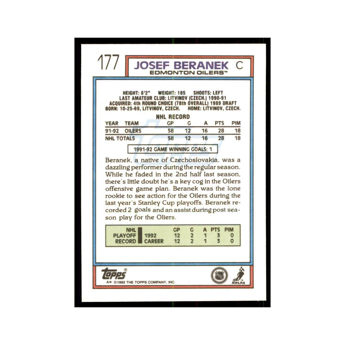 Josef Beranek 1992 Topps #177 Hockey Cards Hockey Card NM