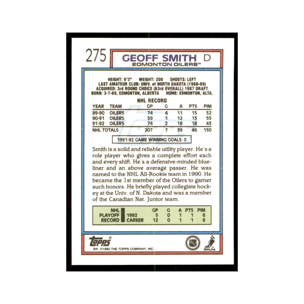 Geoff Smith 1992 Topps #275 Hockey Cards Hockey Card NM