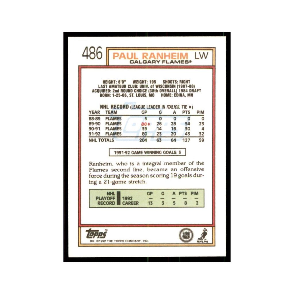 Paul Ranheim 1992 Topps #486 Hockey Cards Hockey Card NM