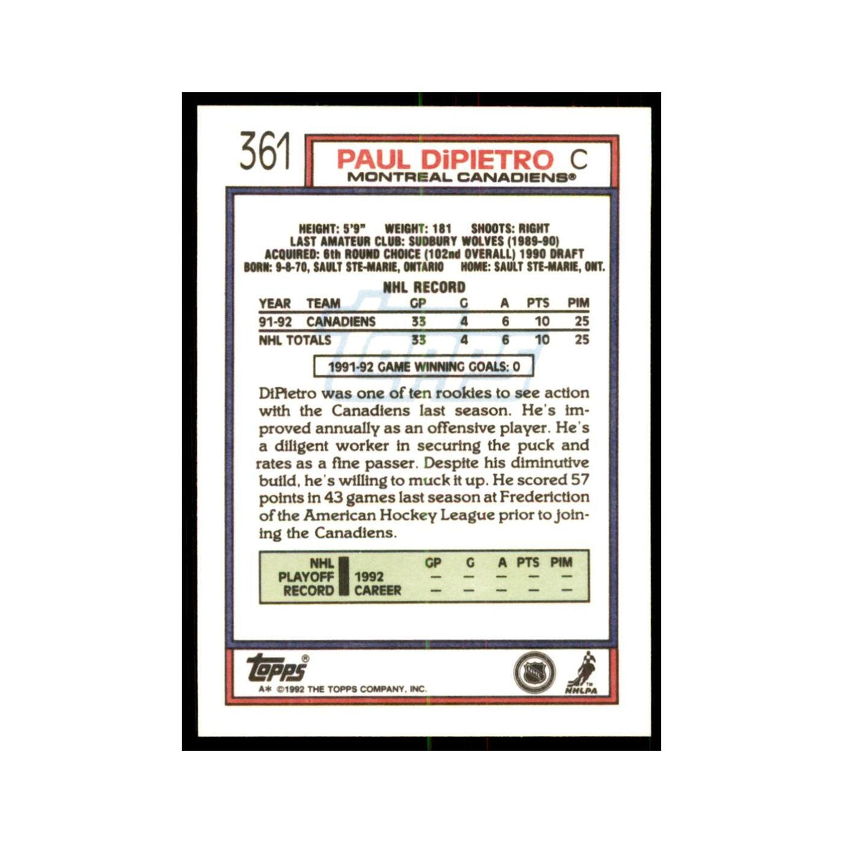 Paul DiPietro 1992 Topps #361 Hockey Cards Hockey Card NM