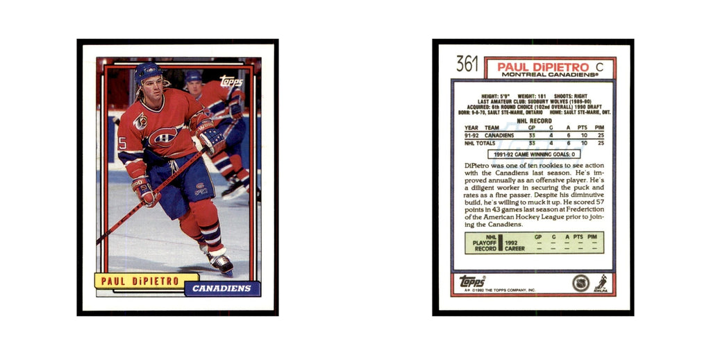 Paul DiPietro 1992 Topps #361 Hockey Cards Hockey Card NM