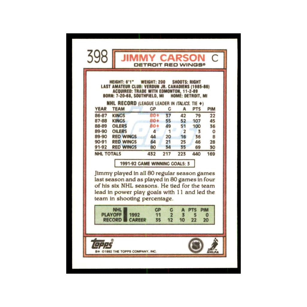Jimmy Carson 1992 Topps #398 Hockey Cards Hockey Card NM