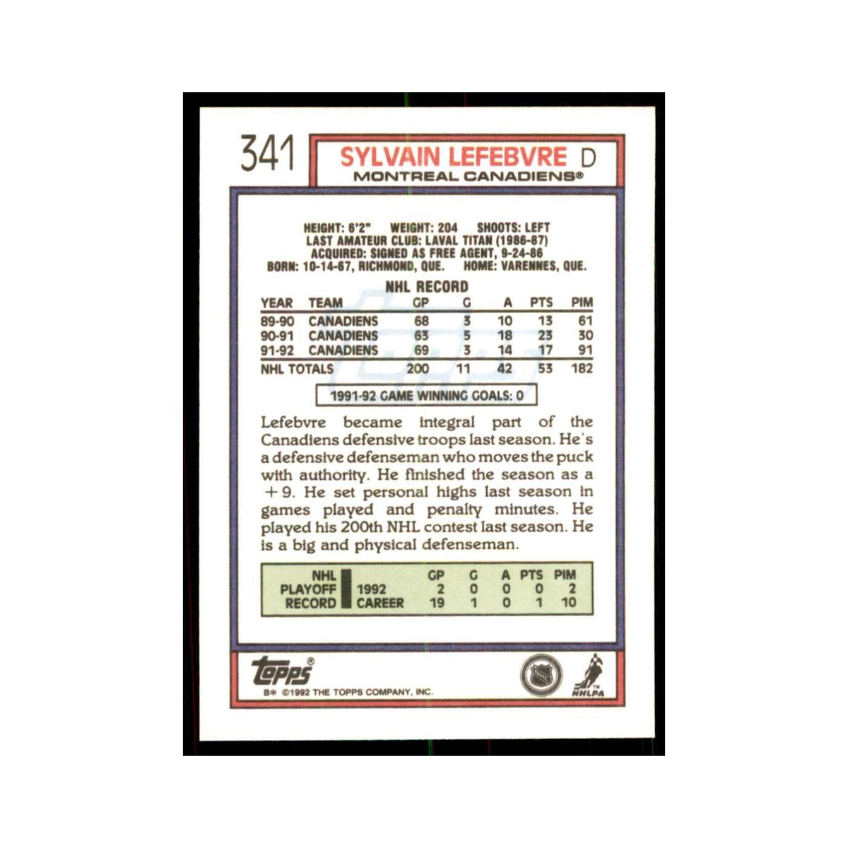 Sylvain Lefebvre 1992 Topps #341 Hockey Cards Hockey Card NM