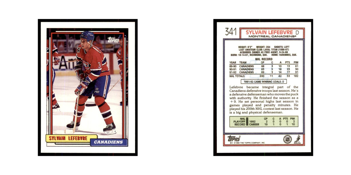 Sylvain Lefebvre 1992 Topps #341 Hockey Cards Hockey Card NM