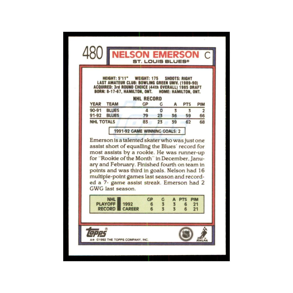 Nelson Emerson 1992 Topps #480 Hockey Cards Hockey Card NM