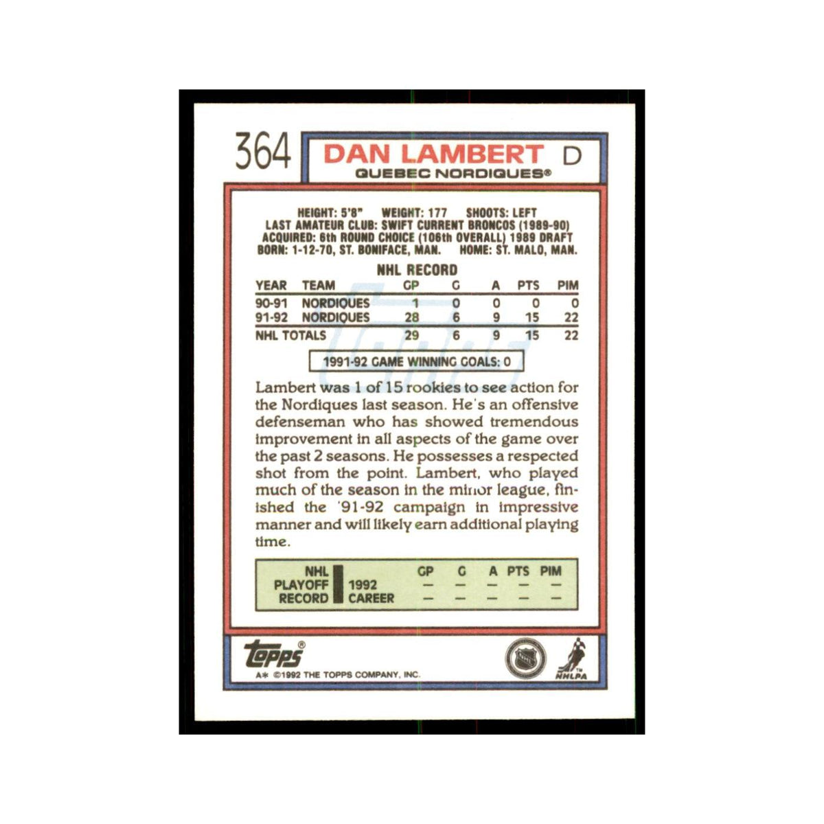Dan Lambert 1992 Topps #364 Hockey Cards Hockey Card NM