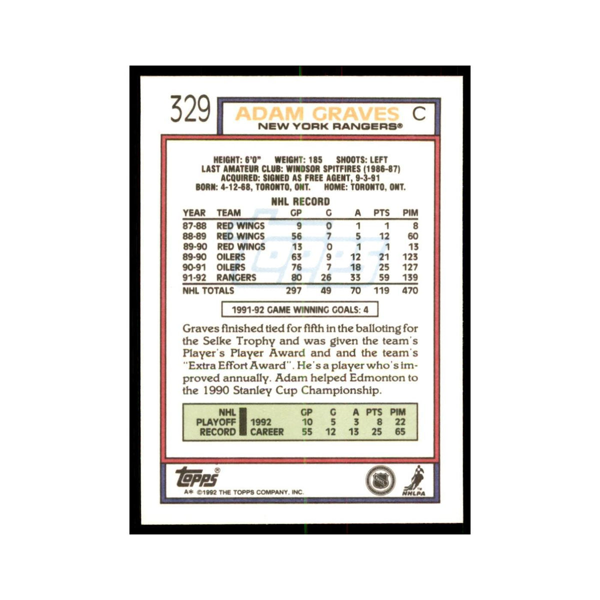 Adam Graves 1992 Topps #329 Hockey Cards Hockey Card NM