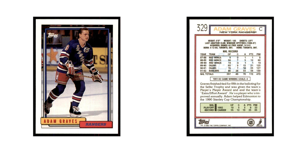 Adam Graves 1992 Topps #329 Hockey Cards Hockey Card NM