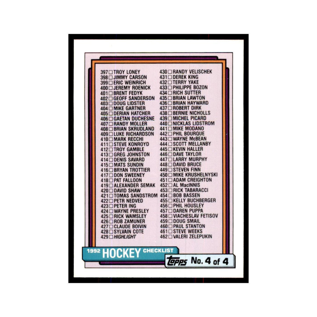 Checklist 4 1992 Topps #528 Hockey Cards Hockey Card NM