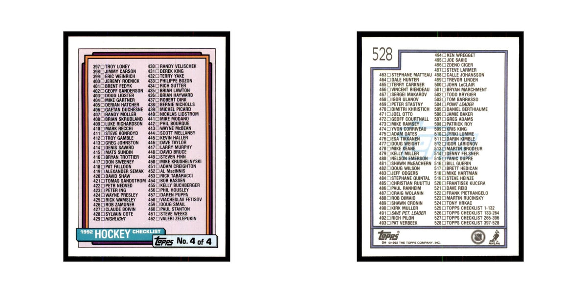 Checklist 4 1992 Topps #528 Hockey Cards Hockey Card NM