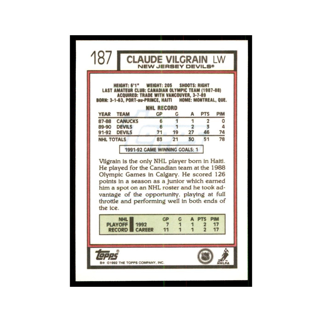 Claude Vilgrain 1992 Topps #187 Hockey Cards Hockey Card NM