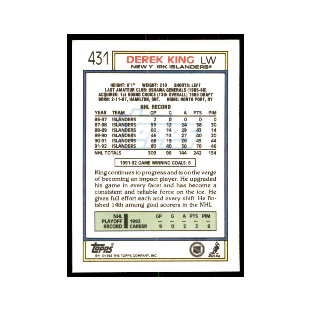 Derek King 1992 Topps #431 Hockey Cards Hockey Card NM