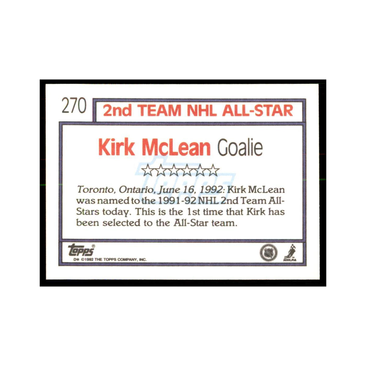 Kirk McLean 1992 Topps #270 Hockey Cards Hockey Card NM