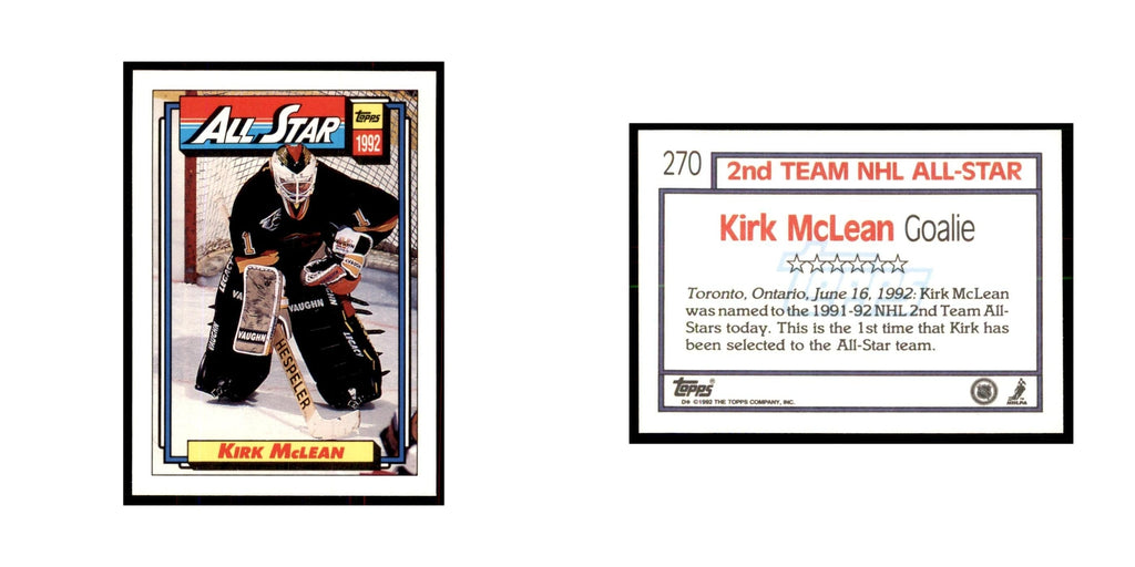 Kirk McLean 1992 Topps #270 Hockey Cards Hockey Card NM
