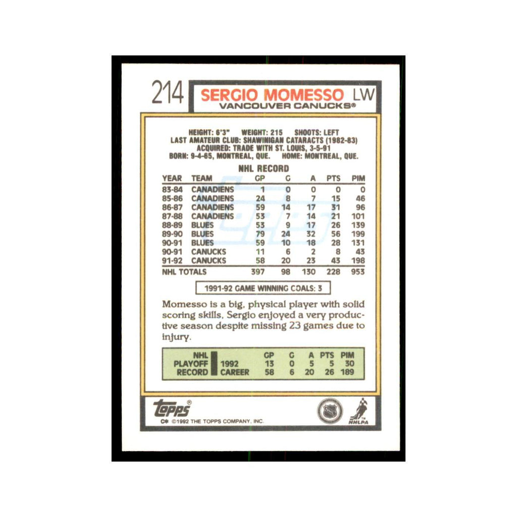 Sergio Momesso 1992 Topps #214 Hockey Cards Hockey Card NM