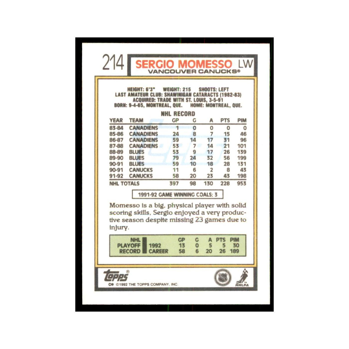 Sergio Momesso 1992 Topps #214 Hockey Cards Hockey Card NM