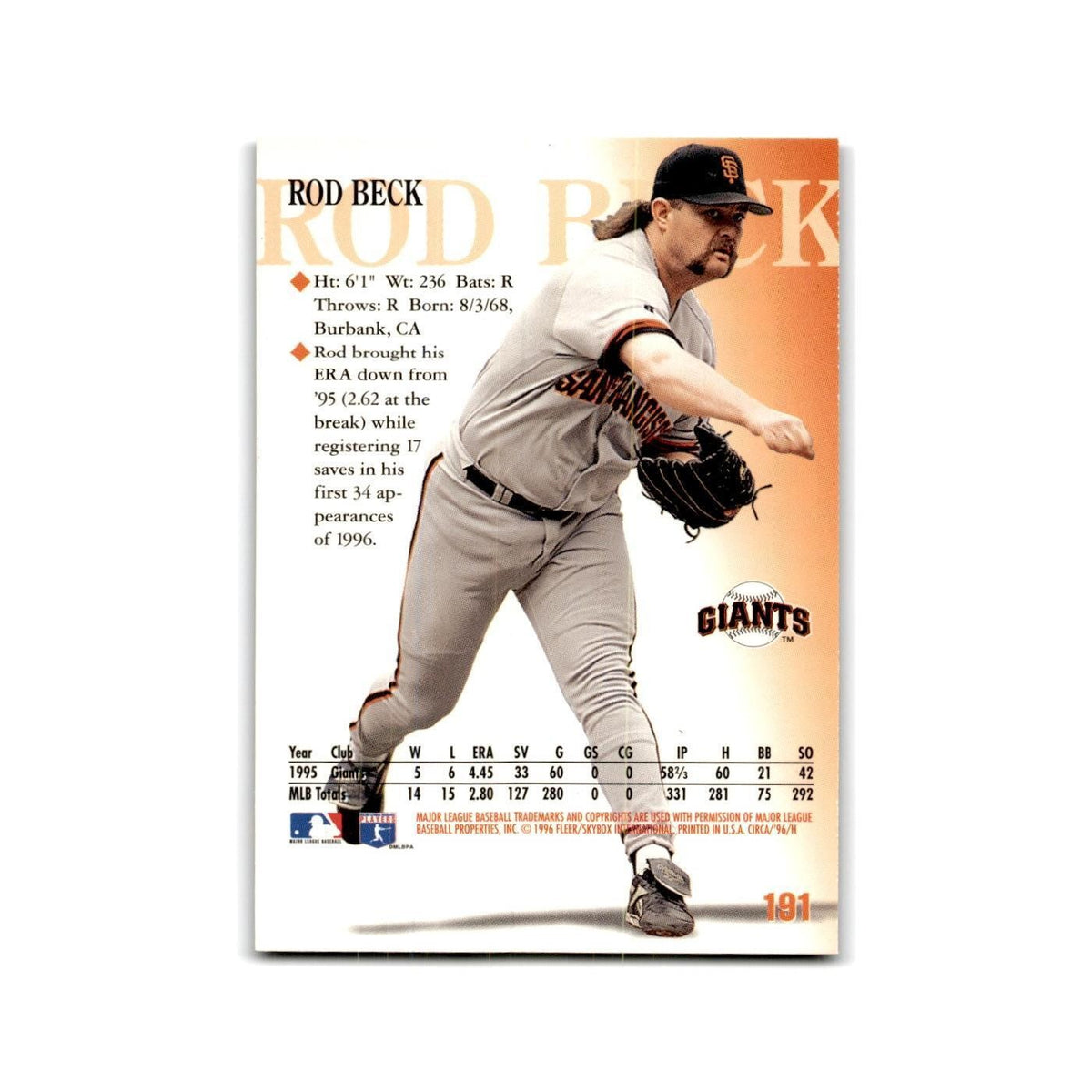 Rod Beck 1996 Circa #191 San Francisco Giants Baseball Card NM