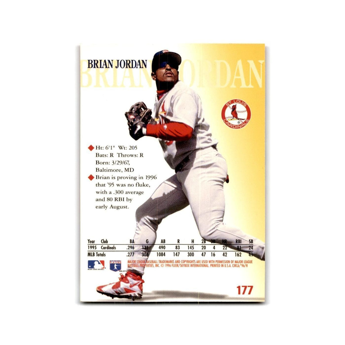 Brian Jordan 1996 Circa #177 St. Louis Cardinals Baseball Card NM