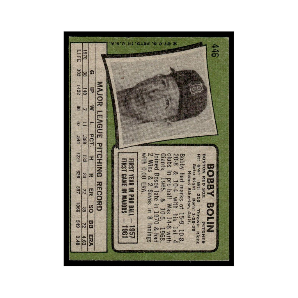 1971 Topps Baseball Card (Damaged) Bobby Bolin Red Sox #446