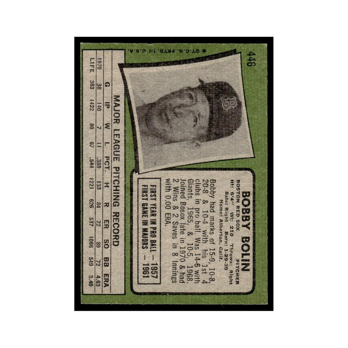 1971 Topps Baseball Card (Damaged) Bobby Bolin Red Sox #446