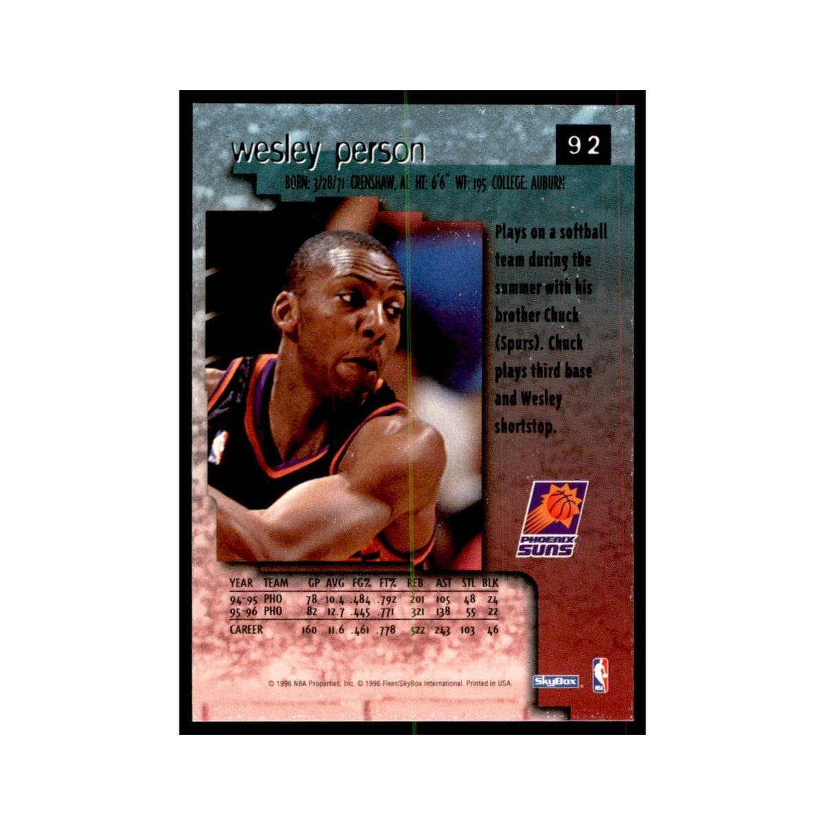1996 SkyBox Premium Wesley Person Basketball Cards #92