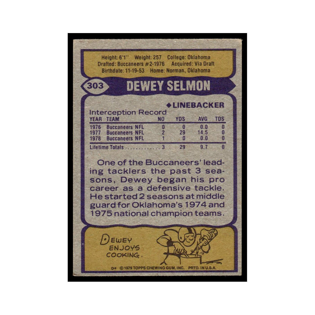 1979 Topps Football Card Dewey Selmon Buccaneers #303