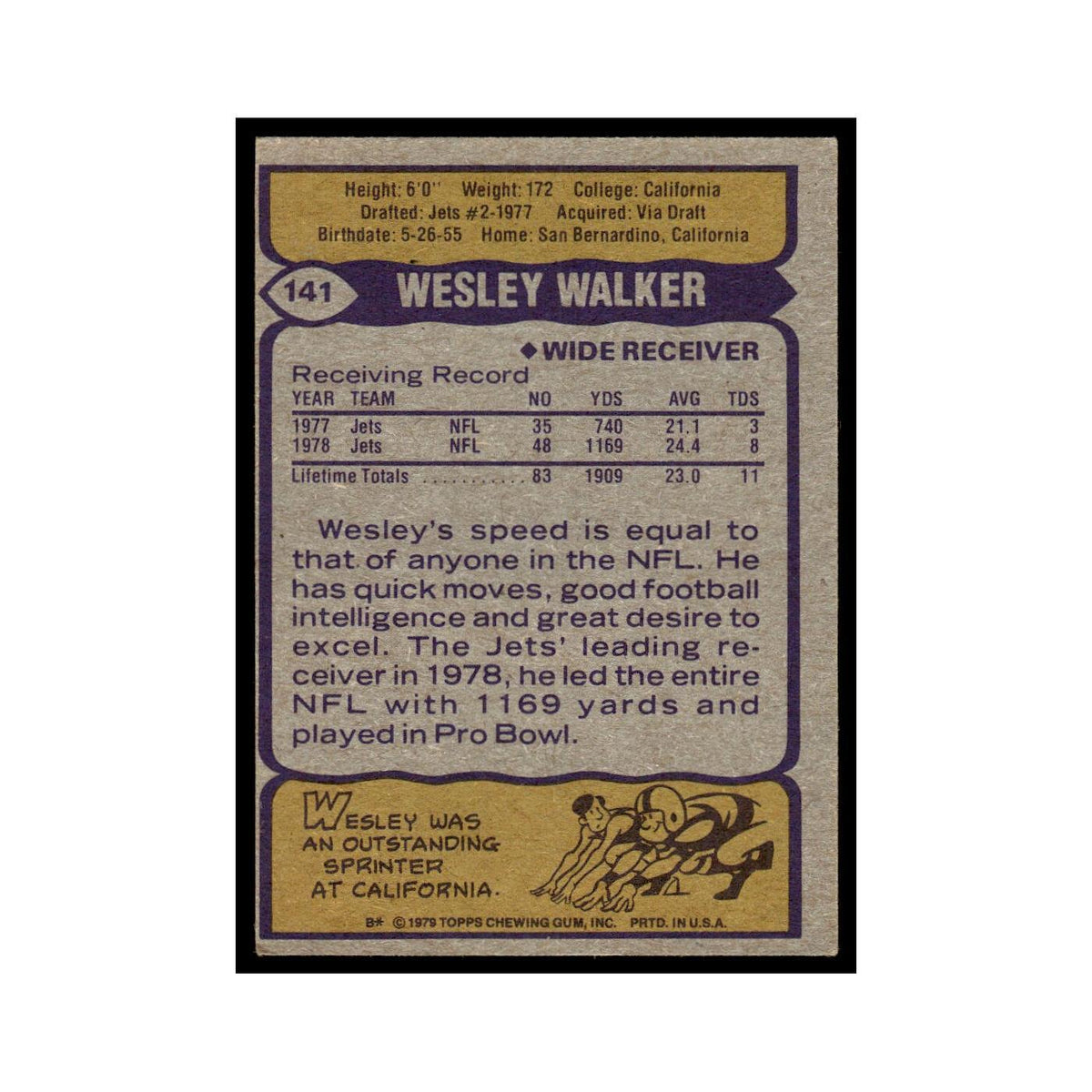 1979 Topps Football Card Wesley Walker Jets #141