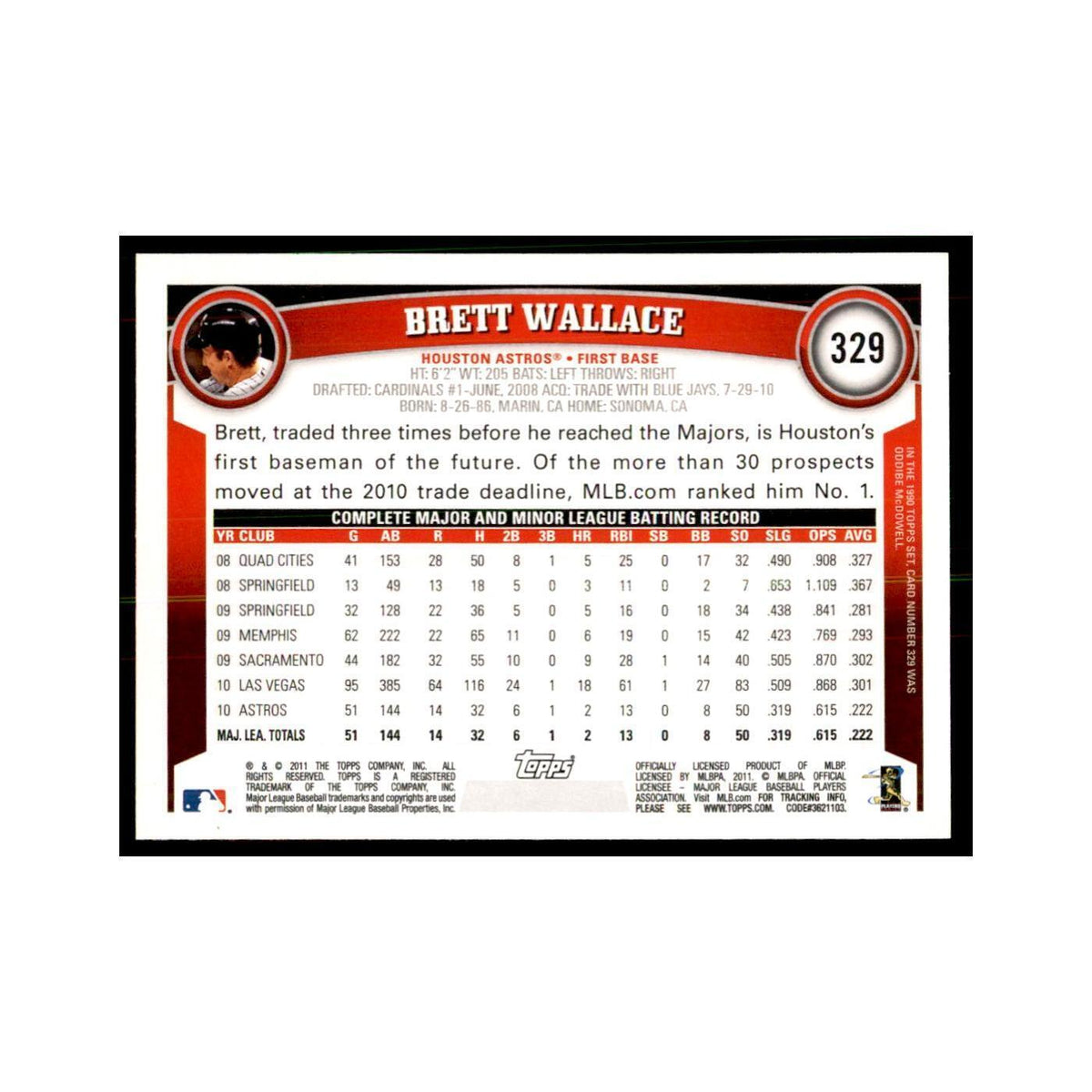 2011 Topps Brett Wallace Baseball Cards #329