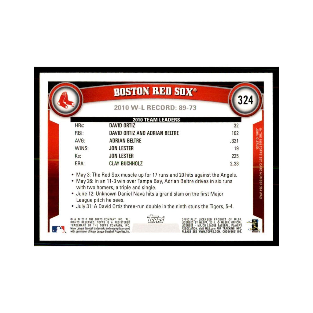 2011 Topps Boston Red Sox Baseball Cards #324