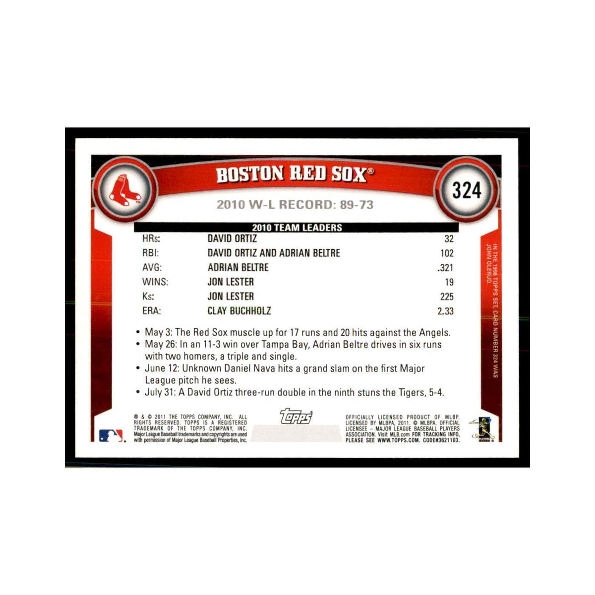 2011 Topps Boston Red Sox Baseball Cards #324