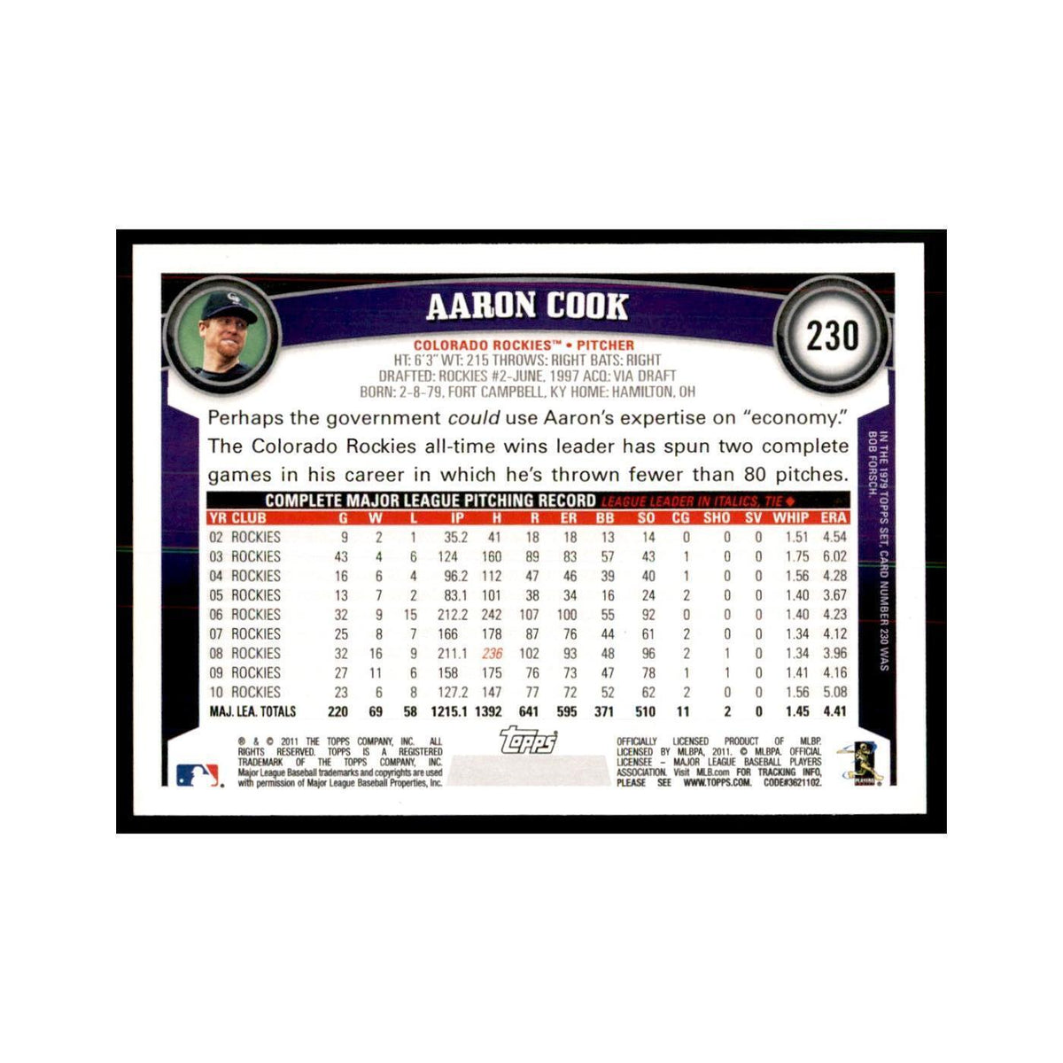 2011 Topps Aaron Cook Baseball Cards #230