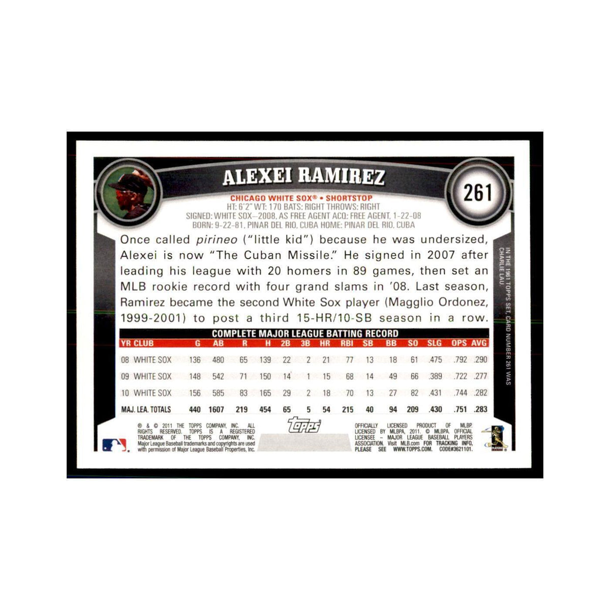 2011 Topps Alexei Ramirez Baseball Cards #261