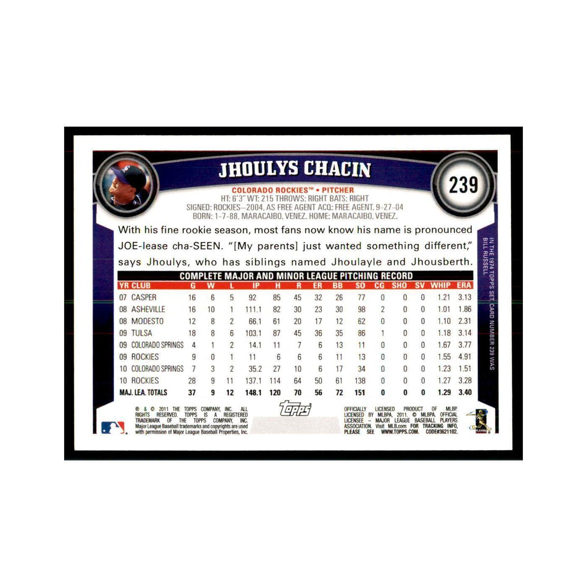2011 Topps Jhoulys Chacin Baseball Cards #239