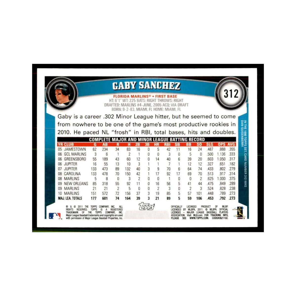 2011 Topps Gaby Sanchez Baseball Cards #312