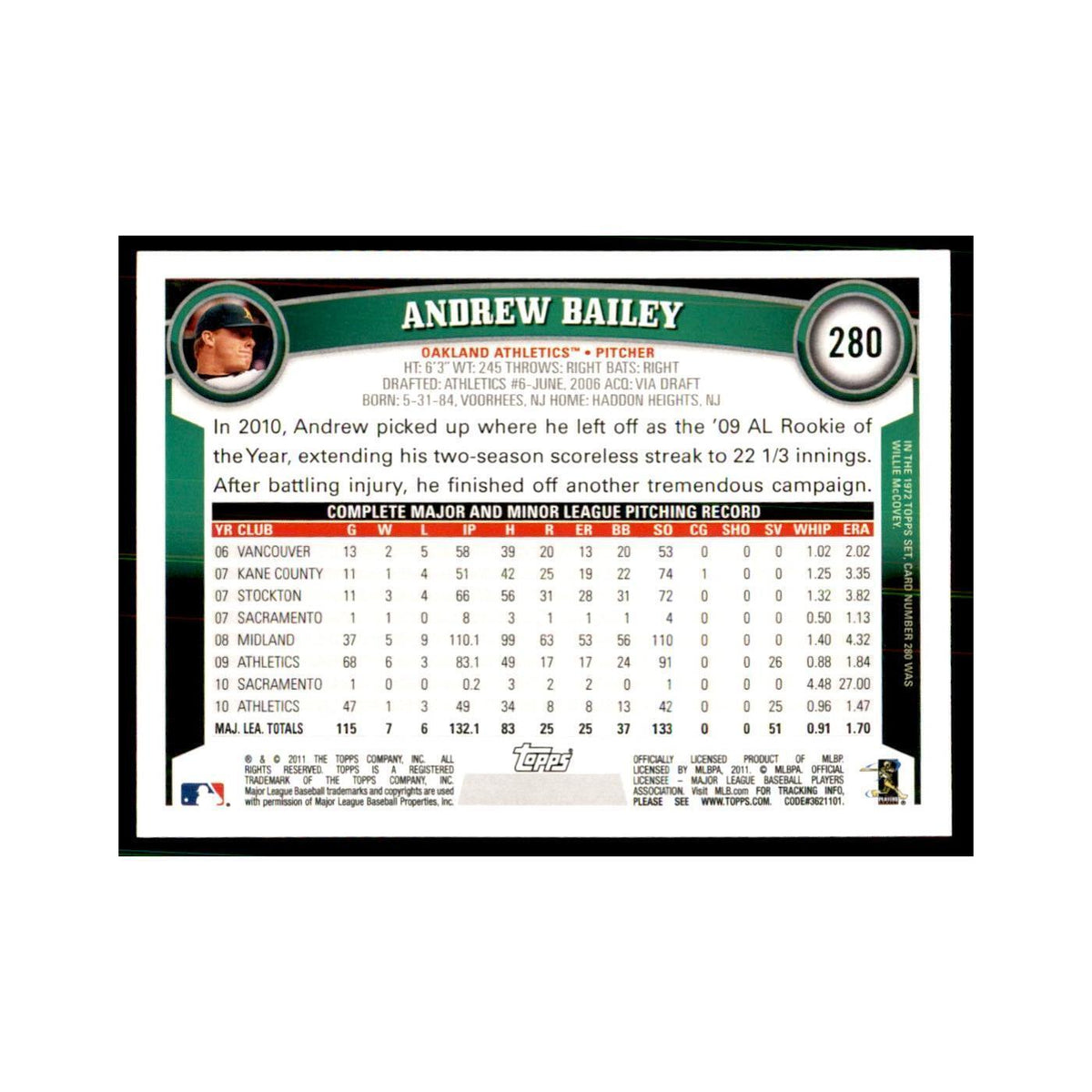 2011 Topps Andrew Bailey Baseball Cards #280