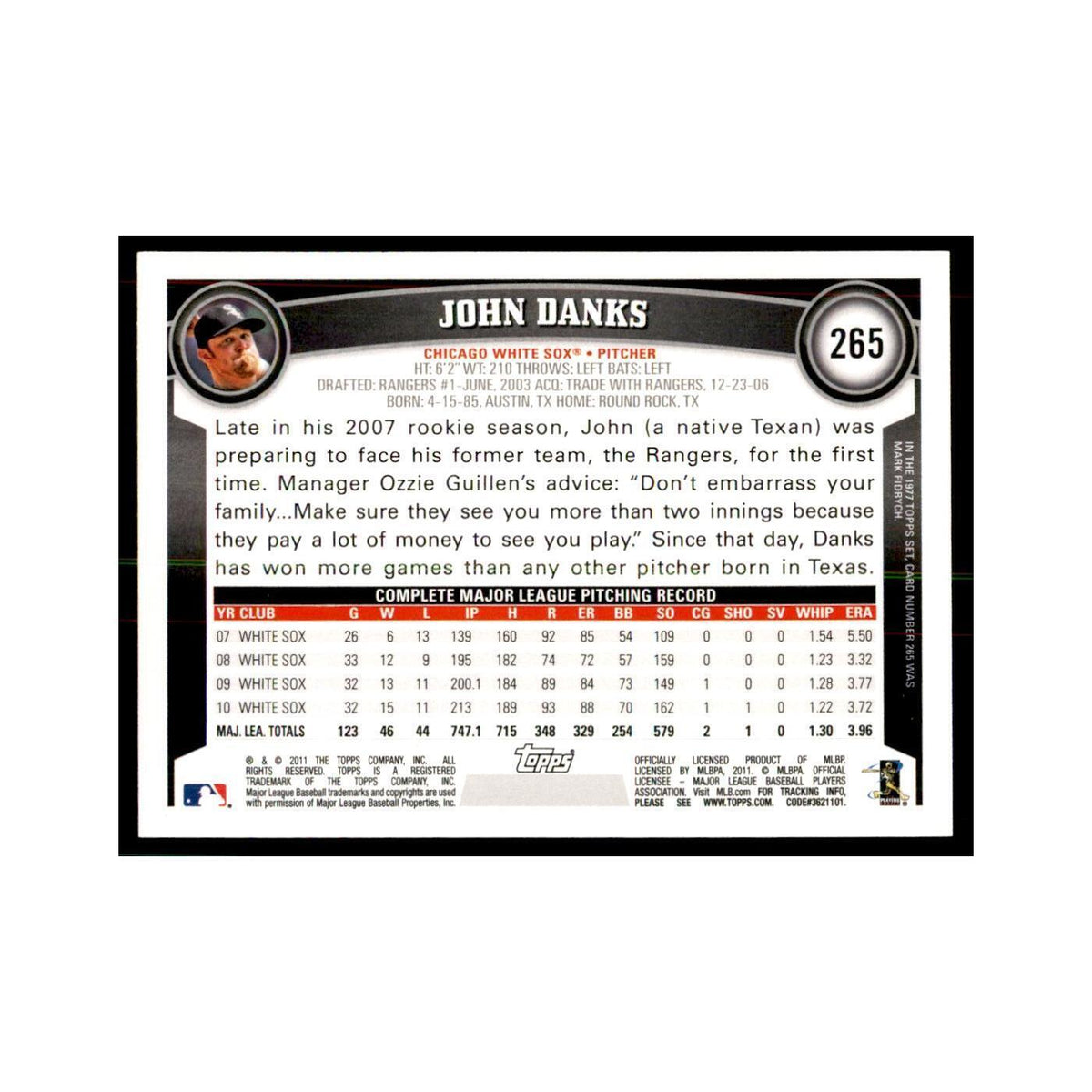 2011 Topps John Danks Baseball Cards #265