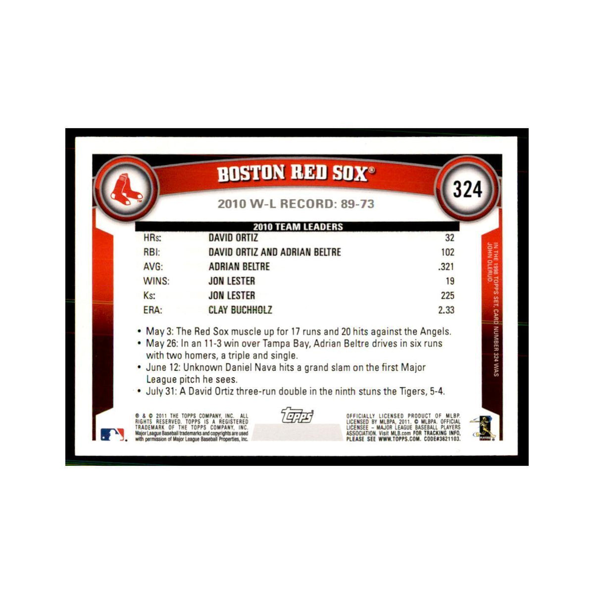 2011 Topps Boston Red Sox Baseball Cards #324