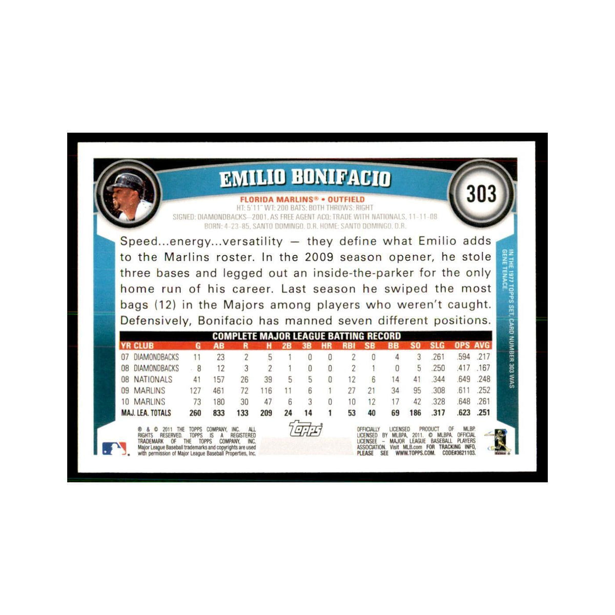 2011 Topps Emilio Bonifacio Baseball Cards #303