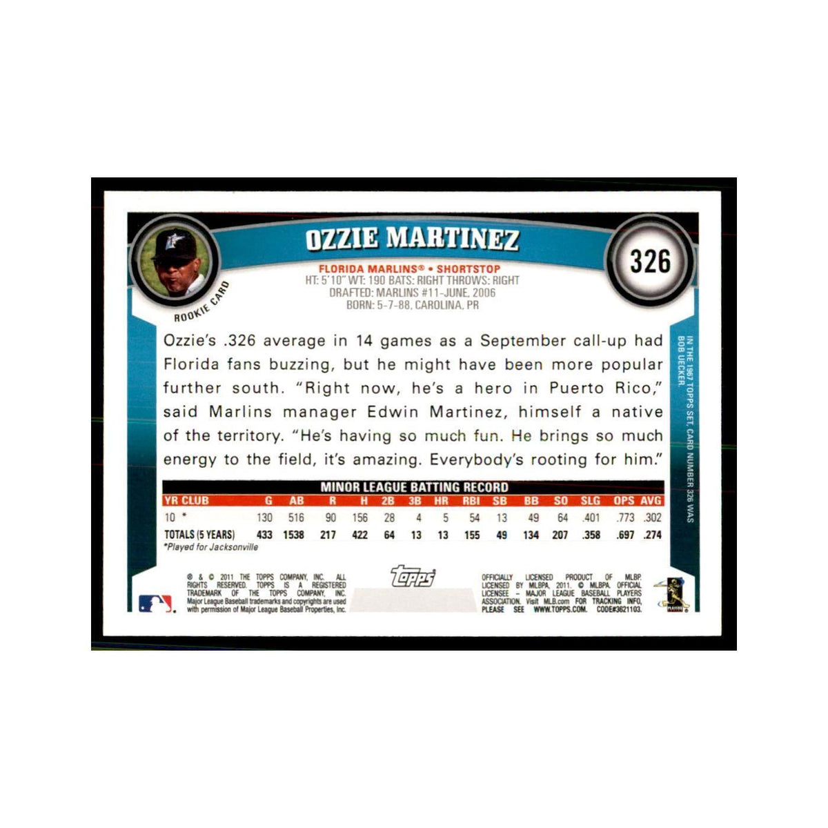 2011 Topps Ozzie Martinez Baseball Cards #326