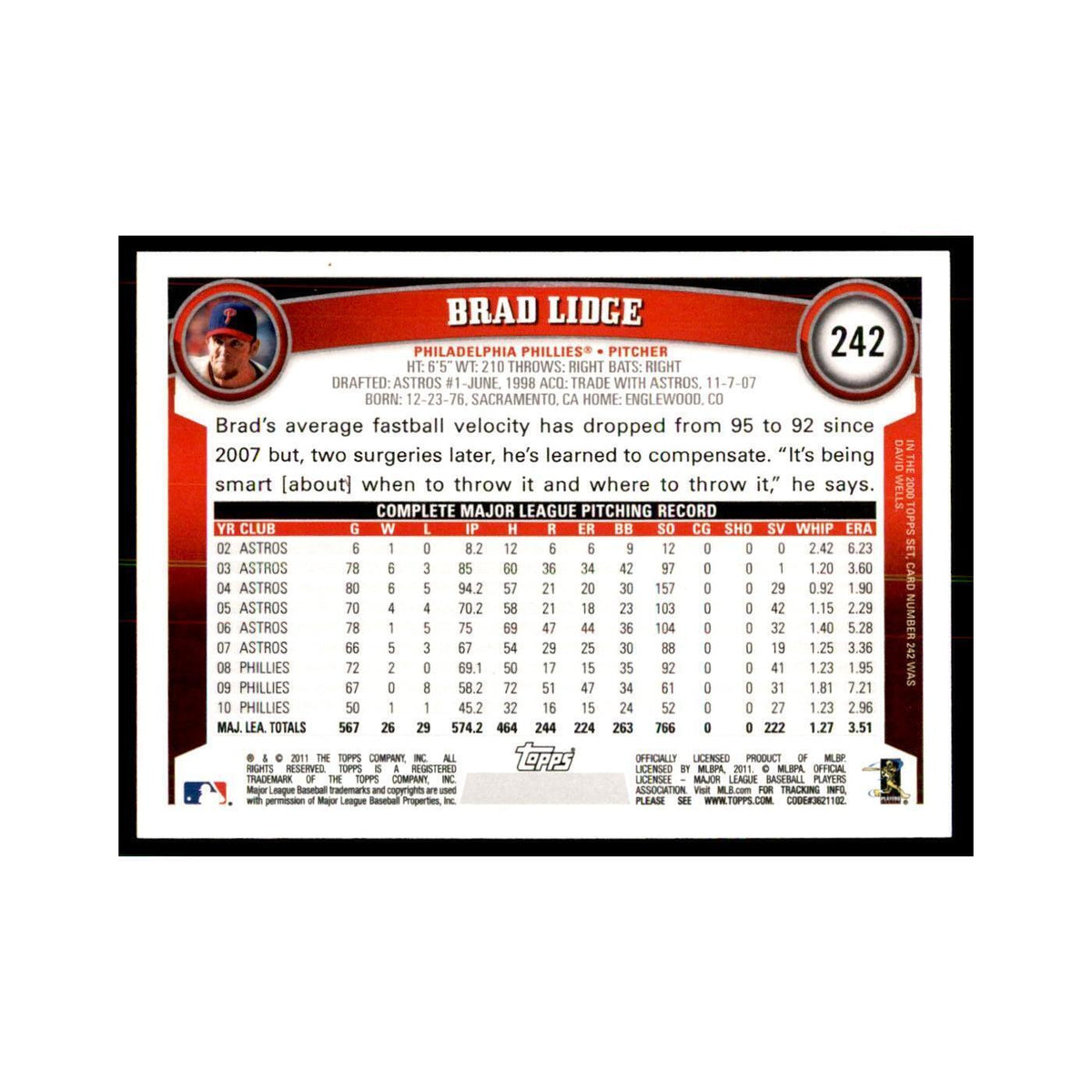 2011 Topps Brad Lidge Baseball Cards #242