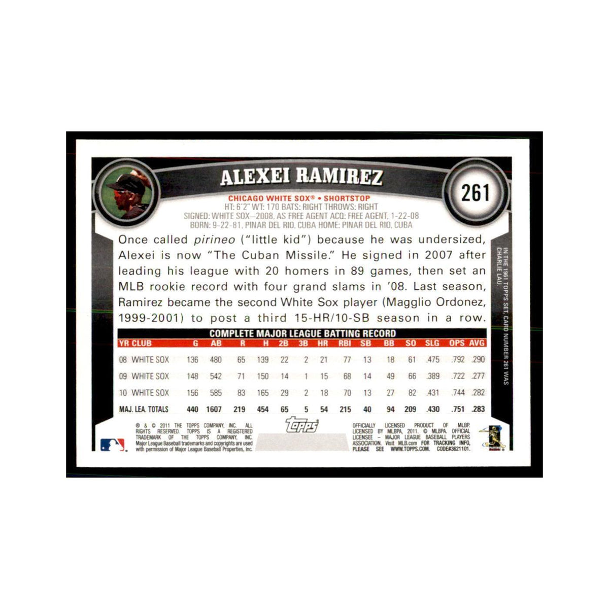 2011 Topps Alexei Ramirez Baseball Cards #261